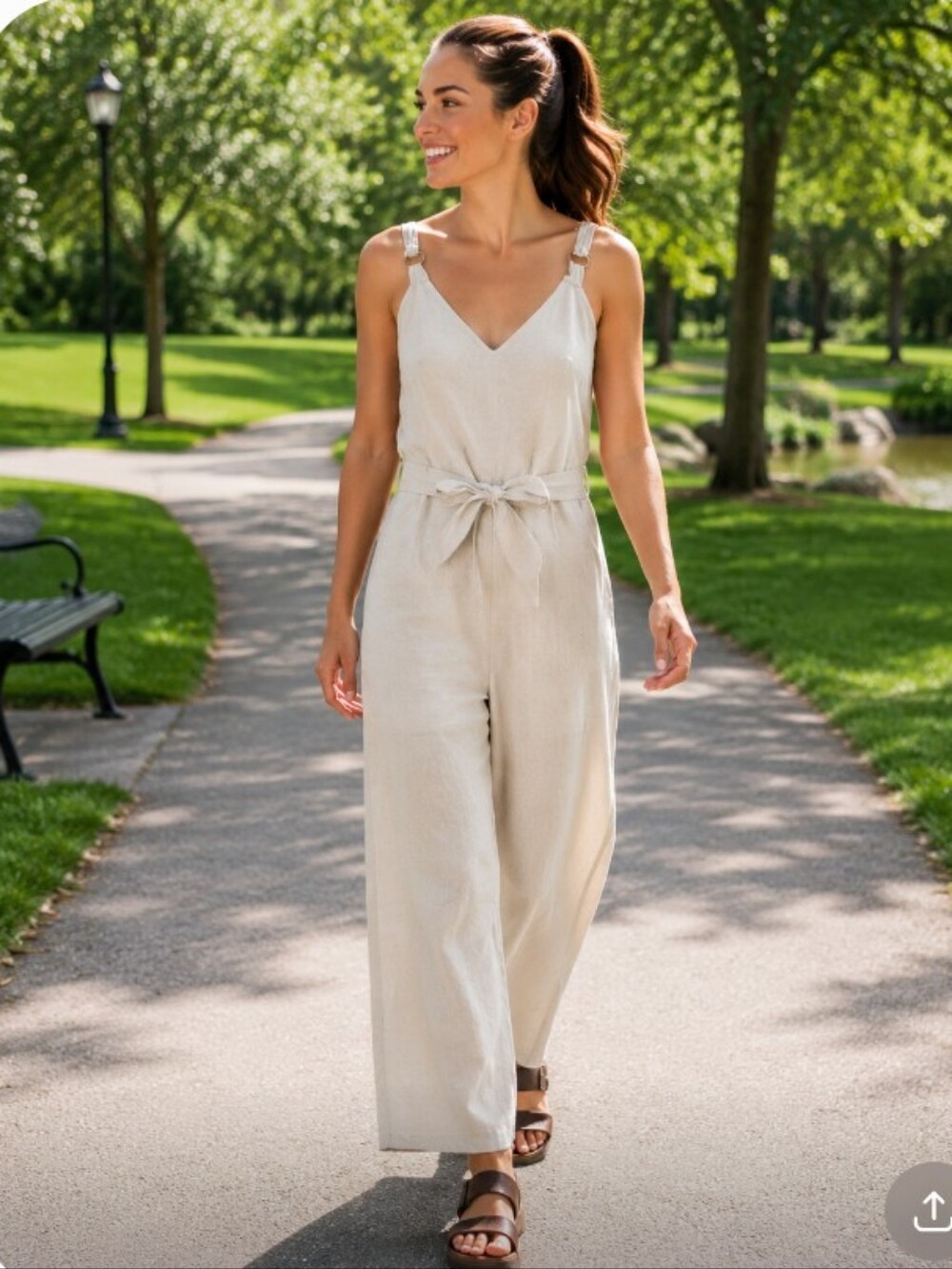 International Concepts Beige/Ecru Linen Jumpsuit/Coverall w/ Tie Waist -Size: 16